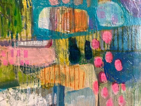 Abstract painting with pink dots and orange stripes on textured background