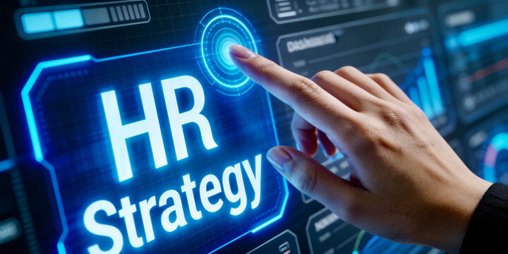 Businesswoman touching futuristic digital interface screen with HR Strategy text for human resources management.