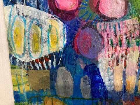Abstract painting with pink circles and patterned blue forms