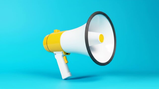 A white and yellow megaphone with a pistol-grip handle floats in mid-air