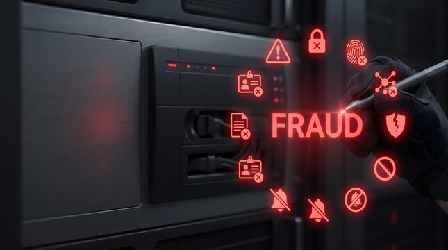 Financial fraud detection interface displaying FRAUD monitoring system with anomaly detection and risk alert visualization