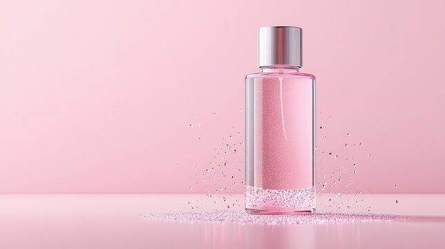 Open bottle of luminous hydration essence, surrounded by floating sparkles and pastel mist, minimal luxury aesthetic