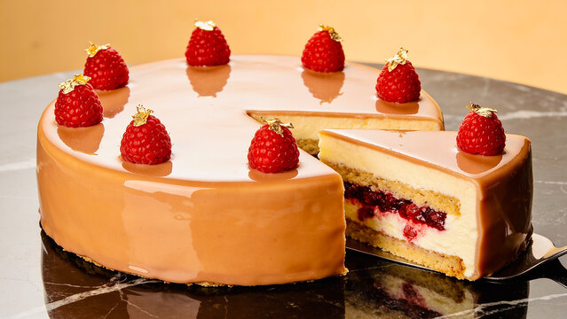 Elegant mirror glaze mousse cake topped with fresh raspberries and edible gold leaf on marble surface.