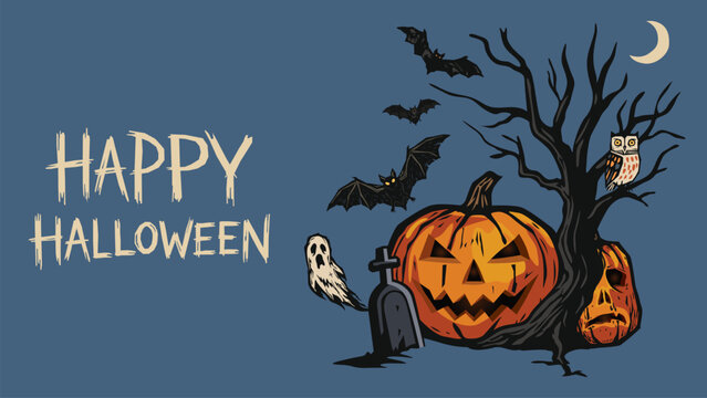 Happy Halloween greeting card with dead tree, bats, owls, pumpkins, ghosts and graveyard have blank space.