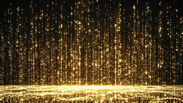 Vertical golden light lines and waving particles animation loop background 垂直に降り注ぐ金の光のラインと波打つ粒子のアニメーションループ背景