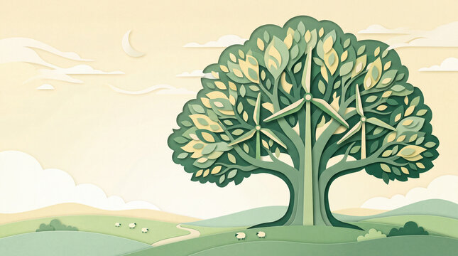 2D Digital Paper Cut Illustration of Wind Farm Integrated Inside Giant Tree Silhouette