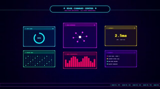 Monitoring real time data flow across an edge computing network with animated charts fluctuating CPU metrics and blinking node status lights on a digital dashboard.