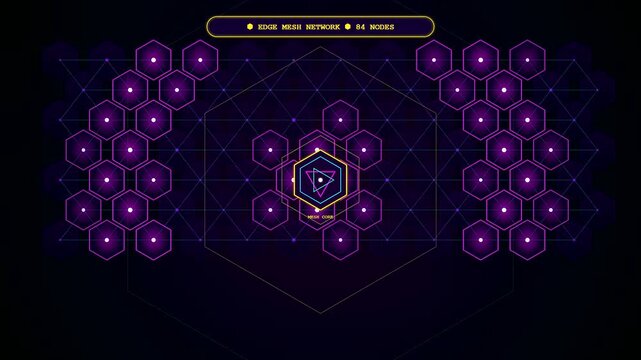 A futuristic edge computing network interface pulses with vibrant purple energy as data packets flow across geometric nodes in a scifi motion design loop.