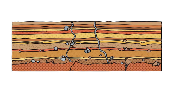Professional vector cross section of underground soil layers depicting geological strata rocks and sediment with vertical cracks for education