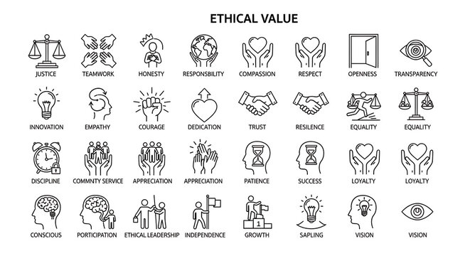 Set of ethical values and corporate responsibility icons with integrity responsibility morality corporate principles standards business fairness equality professional