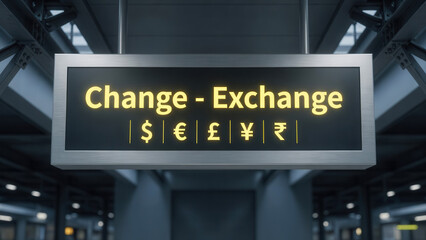 Fototapeta premium Foreign currency exchange sign with global symbols in terminal