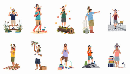 Fototapeta premium Set of flat vector illustrations depicting fathers carrying daughters on their shoulders during various family activities, from outdoor adventures to quiet indoor moments.