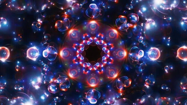 Beautiful kaleidoscope pattern animation with blue and orange light bubbles loop 青とオレンジの光の粒子と泡が織りなす美しい万華鏡パターンのループ動画