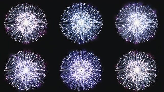 Purple and white fireworks display organized in grid on black background loop animation 黒背景にきれいに整列した紫と白の打ち上げ花火のエフェクト数字ループ動画