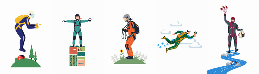 Collection of flat vector illustrations depicting skydivers and base jumpers in dynamic poses across various scenic outdoor landscapes for extreme sports themes. © ValentinaRestrepo