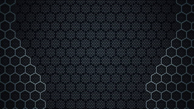 Procedural art of dark blue metallic hexagonal mesh background texture