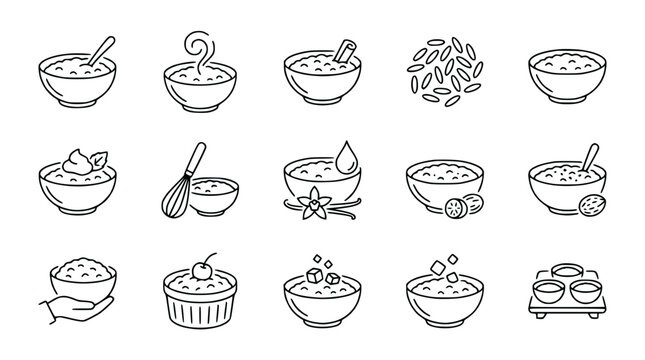 Dessert Bowl Icons: Rice Pudding, Tapioca, Cream, Sweet Treats Collection