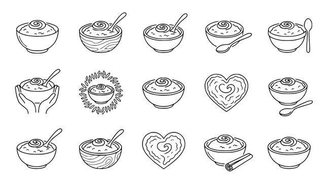 Hand-drawn dessert bowls and heart shapes with swirls, simple line art icons for food and baking