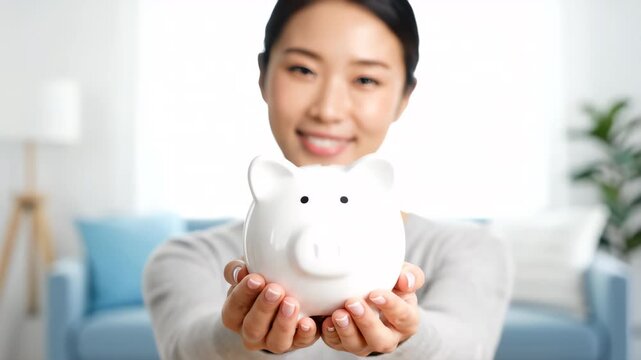 An Asian woman presents a white ceramic piggy bank directly to the camera