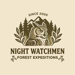 Naklejka premium Brown owl logo with forest background.