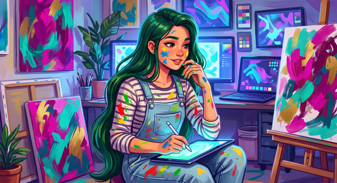 Creative AI Girlfriend with green hair and paint smudges, holding a stylus in a vibrant digital art studio.