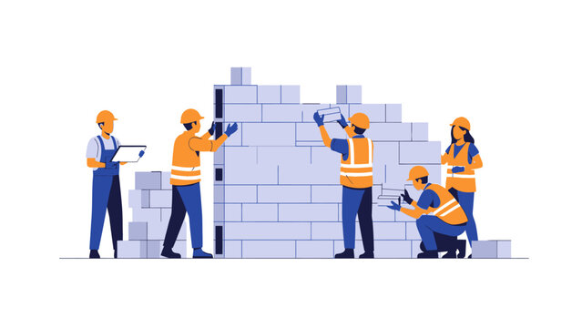 Construction Workers Building Wall with Concrete Blocks Flat Vector Illustration