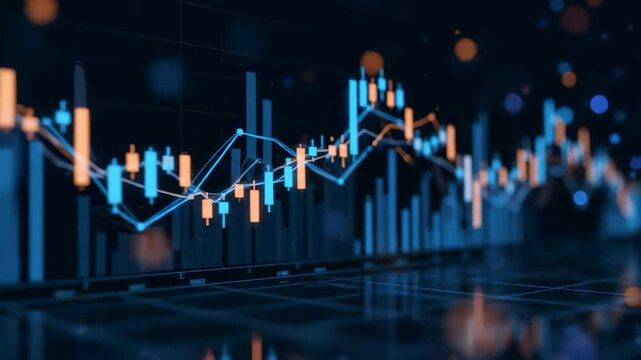 Financial charts with blue and orange candlesticks pan slowly across a digital display