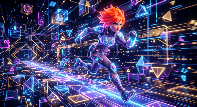 Action-packed AI Girlfriend with orange hair and holographic armor, sprinting through a 3D digital landscape.