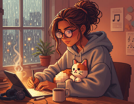 Cozy AI Girlfriend in a messy bun and oversized hoodie, studying by a rainy window with a pixel cat. Warm lo-fi vibes.