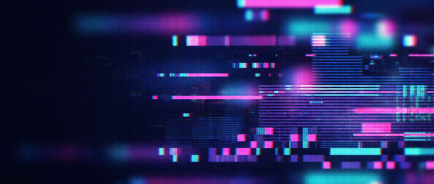 Abstract digital glitch background with neon purple and blue pixelated distortion effects, perfect for futuristic tech designs, cyber security concepts, and electronic music banners