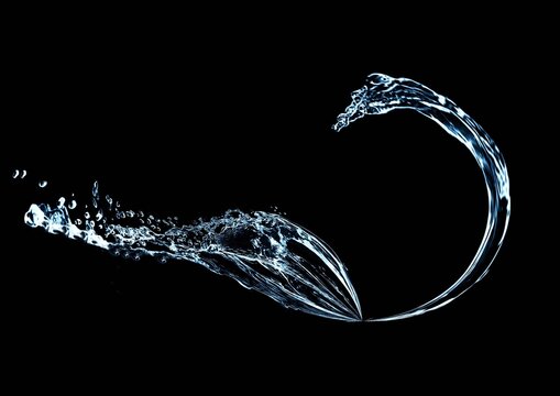 黒背景に抽象的な水しぶきが上がる3Dイラスト｜清潔で流れるような波と水しぶき