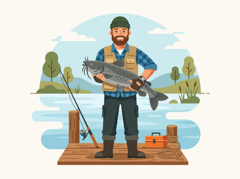 Enthusiastic fisherman proudly displays his impressive catfish catch by the serene lake, celebrating a successful day of angling in the peaceful outdoor setting
