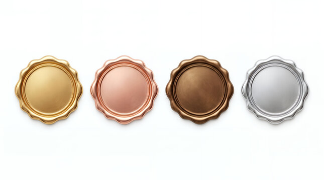 Premium metallic wax seal collection in gold, rose gold, bronze and silver tones isolated on white background for branding and elegant design use.
