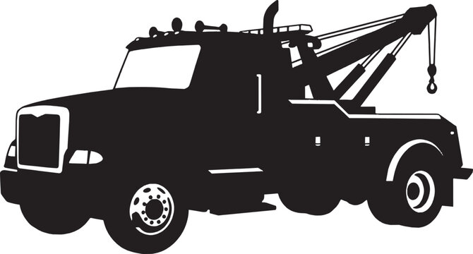 Black silhouette of a tow truck with a crane hook for roadside vehicle assistance and professional towing services in a simple graphic style isolated on transparent background, Vector