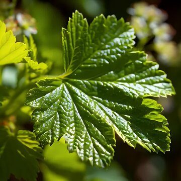 Macro close-up of a vibrant green shrub leaf showing intricate venation and texture in natural sunlight