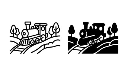 Set of outline and silhouette icons featuring a vintage steam locomotive traveling through a scenic landscape. © ANTONW_