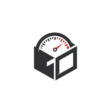 Isometric delivery box icon with red speedometer gauge needle