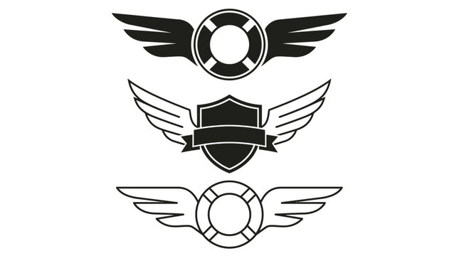 Set of wing emblems with shield and circle icons.