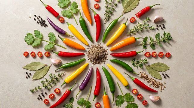 Colorful fresh chili peppers and various spices arranged in a circle. chili kickoff