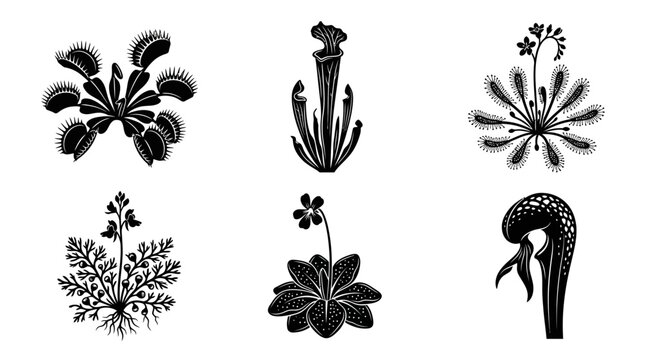 Flat vector icon set featuring six carnivorous plants: Venus flytrap, Pitcher plant, Sundew, Bladderwort, Butterwort, Cobra lily
