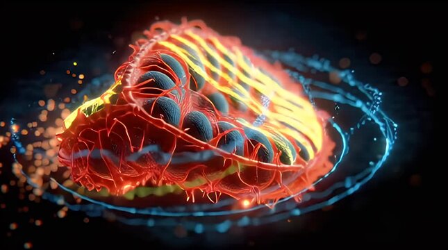 Detailed 3D illustration of an active mitochondria organelle with glowing bio-energy output and cellular structures.