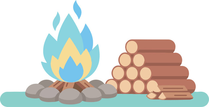 A stylized vector illustration of a campfire with a stack of firewood logs nearby.