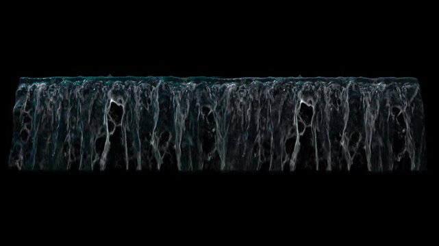 A waterfall with foam. From an ultra-wide panorama, azure waters cascade in a seamless loop. This modern motion graphics design creates an immersive cinema experience,a translucent water wall becomes 