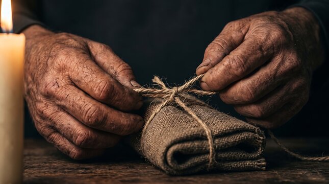 Weathered hands of an elderly person tying a burlap bundle with twine by candlelight on a wooden table