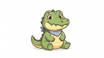Obraz premium Cute chibi baby crocodile with green skin and yellow belly, big shiny eyes, rosy cheeks, tiny teeth, a blue striped bandana, and a friendly smile sitting.