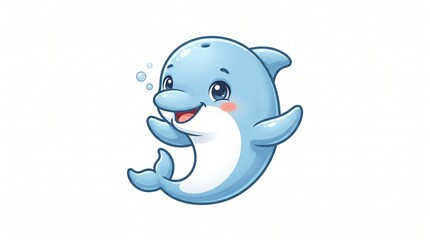 Cute chibi baby dolphin with light blue skin and white belly, big shiny eyes, rosy cheek, a happy smile, and little bubbles as it jumps.