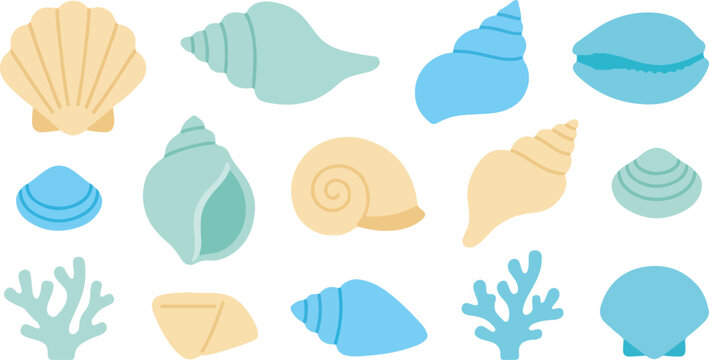 Set of colorful flat vector illustrations of various seashells and coral reef elements.