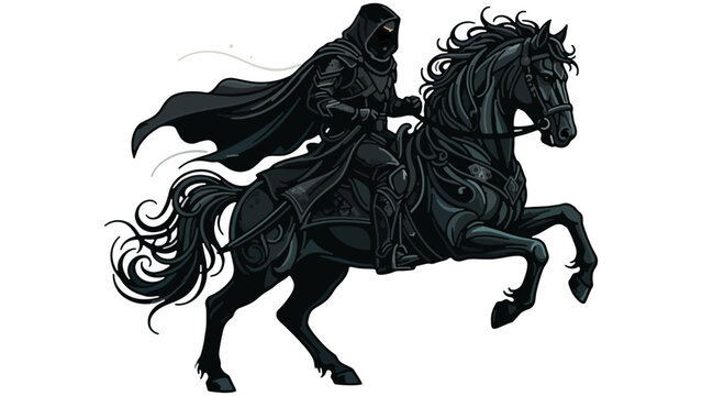 Dark hooded rider on a black rearing horse isolated on transparent background abstract vector illustration 