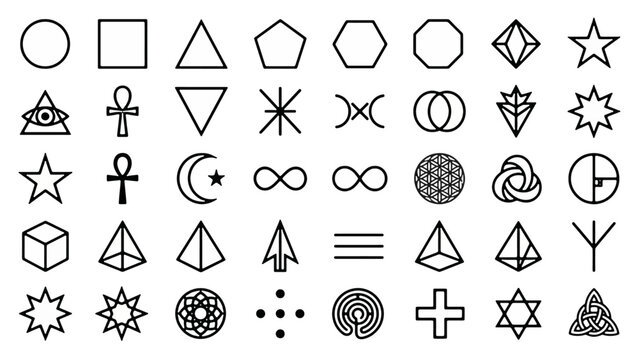 Geometric Symbols and Esoteric Sacred Line Icons Set isolated on transparent background abstract vector illustration 