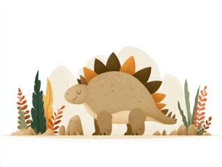 Fototapeta premium Illustration of a cute dinosaur with distinctive plates, set in a prehistoric era